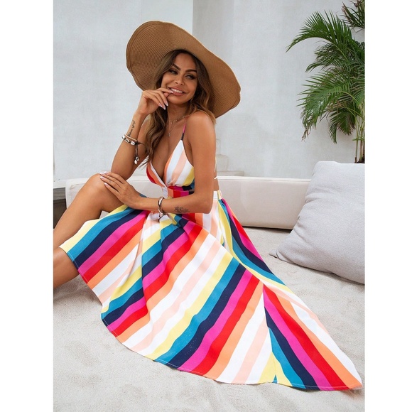 Striped Multicolor Backless Strappy V-Neck Maxi Dress Leg Slit - Picture 4 of 16